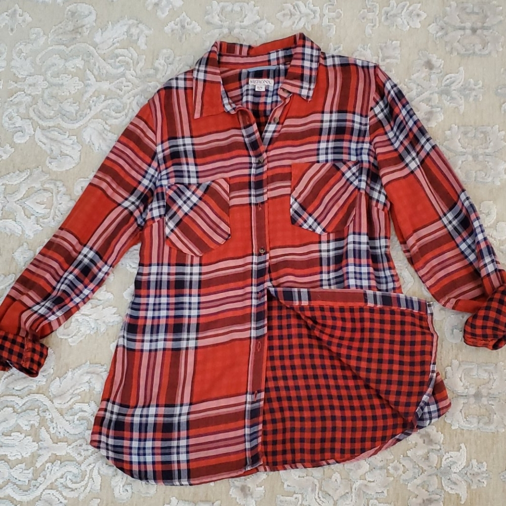 Merona Orange Blue Plaid Button-down To0